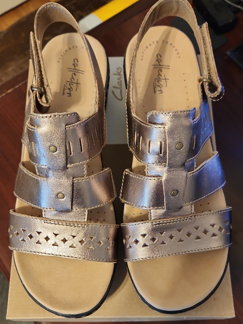 NEW Clarks Collection Metallic Pewter Comfort Sandals w/ Adjustable Straps